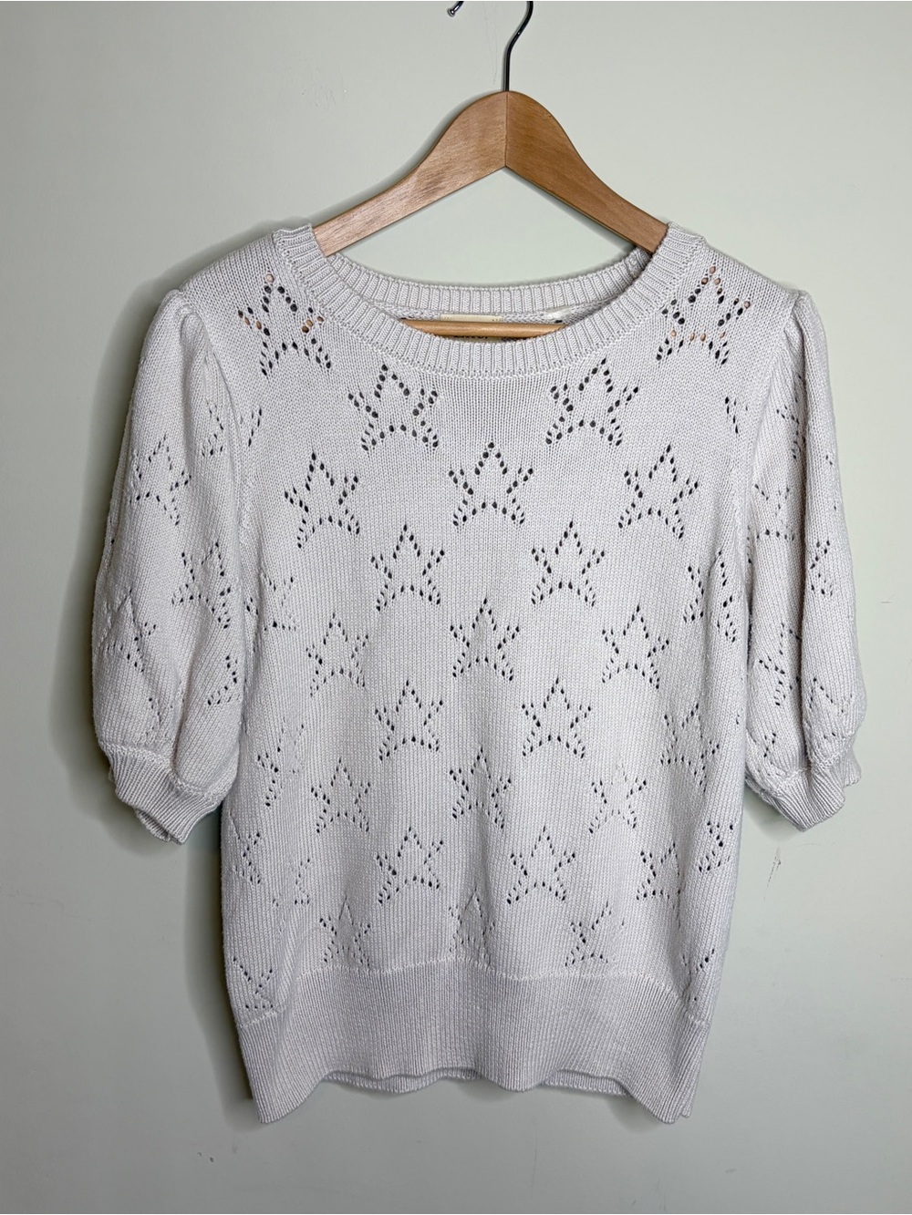Elie Tahari Beige Knit Puff Sleeve Star Sweater Large